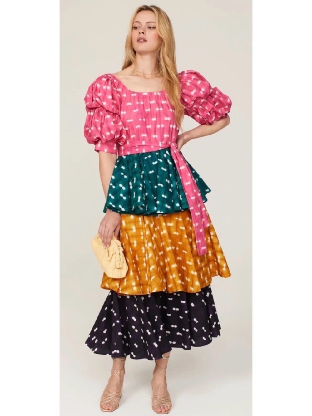 Busayo x RTR Colorblock Tiered Maxi Dress with Puff Sleeves